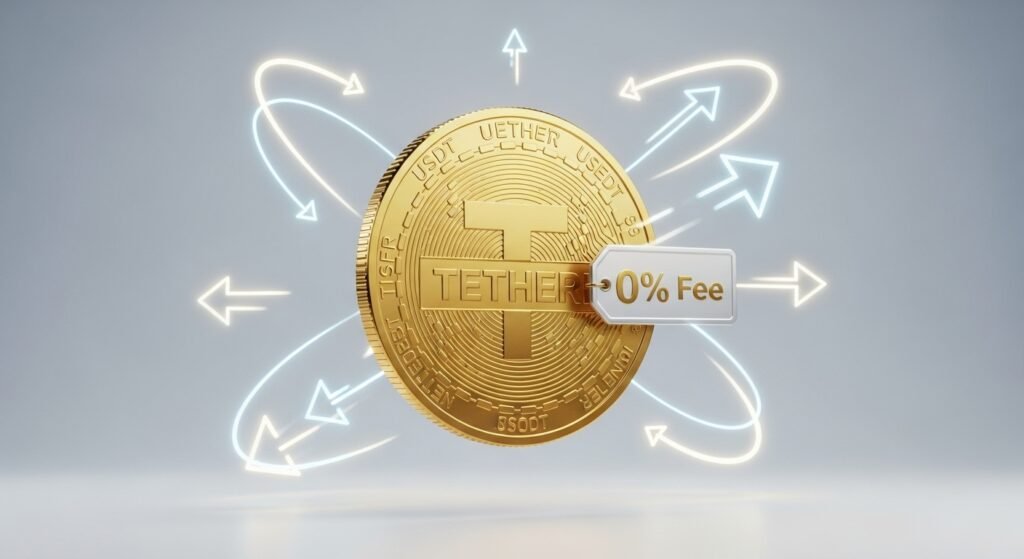 테더 코인과 환전 수수료 0원을 상징하는 금색 아이콘